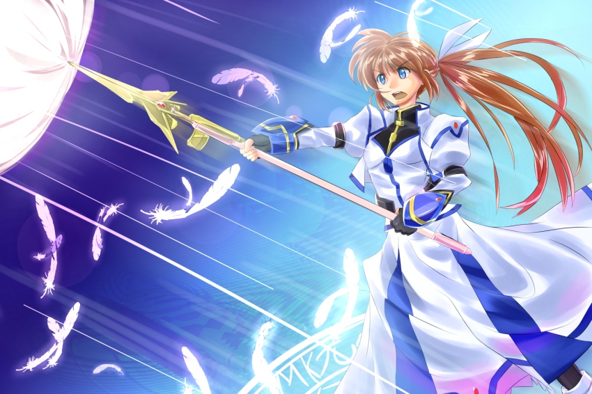 00s 1girl blue_eyes brown_hair feathers female_focus long_hair lyrical_nanoha magic_circle magical_girl mahou_shoujo_lyrical_nanoha_strikers open_mouth raising_heart raising_heart_(exceed_mode) side_ponytail solo sonyntendo takamachi_nanoha takamachi_nanoha_(exceed_mode)
