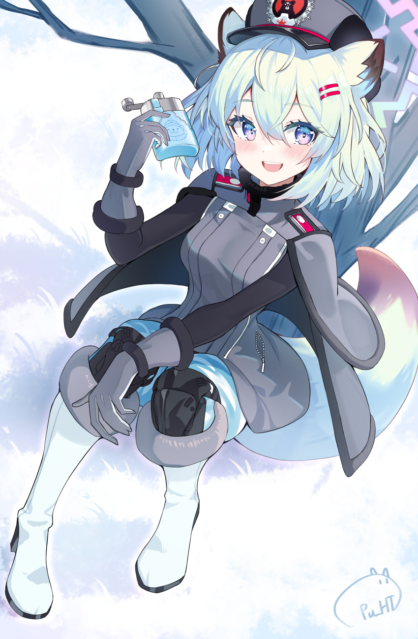1girl absurdres animal_ears blue_archive blush boots breasts capelet fur_hat gloves green_hair grey_capelet grey_gloves grey_hat hair_between_eyes hair_ornament hairclip halo hat highres holding long_sleeves medium_breasts medium_hair open_mouth pu_ht purple_eyes purple_halo shigure_(blue_archive) signature smile solo tail ushanka weasel_ears weasel_tail white_boots