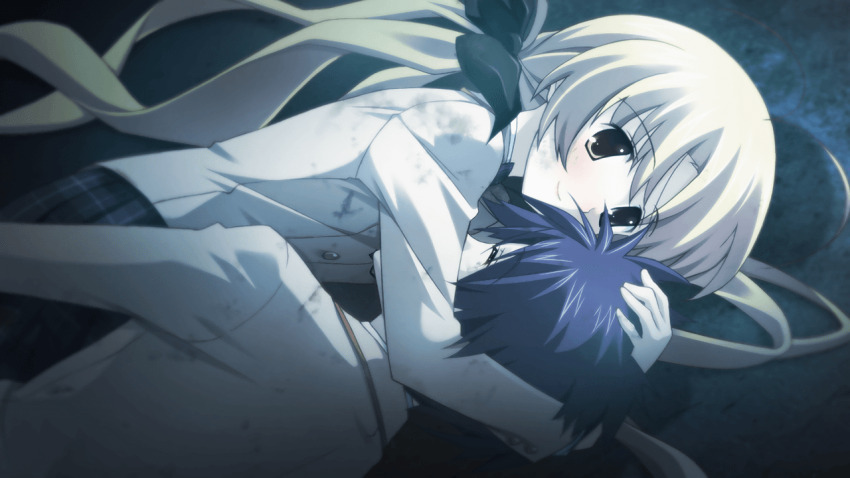 1boy 1girl antenna_hair arms_around_neck between_breasts black_bow black_ribbon blazer blue_hair bow bowtie breasts brown_jacket buttons chaos;head chaos;head_love_chu_chu! closed_eyes closed_mouth collared_shirt couple dirty dirty_clothes ears_visible_through_hair earthquake flat_chest game_cg hair_bow hair_ribbon head_between_breasts head_hug hetero hug jacket light_blush long_hair long_sleeves lying matsuo_yukihiro nishijou_takumi official_art on_ground on_side orihara_kozue plaid_bow plaid_bowtie plaid_clothes plaid_skirt pleated_skirt purple_bow purple_bowtie purple_skirt red_trim ribbon school_emblem school_uniform shirt skirt smile suimei_academy suimei_school_uniform swept_bangs twintails white_petticoat white_shirt