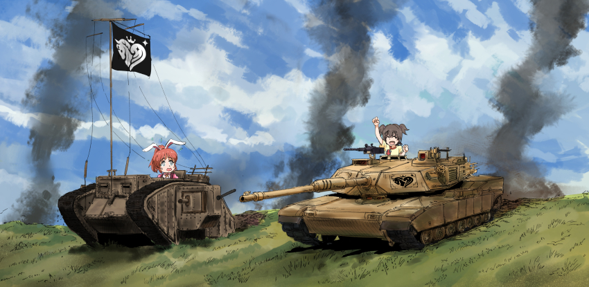 10s 2girls abe_nana active_protection_system akagi_miria animal_ears artist_request black_hair blue_eyes caterpillar_tracks closed_eyes cloud crossover day flag flag_on_vehicle girls_und_panzer grass gun highres idolmaster idolmaster_cinderella_girls long_hair m1_abrams machine_gun mark_iv_tank military military_vehicle motor_vehicle multiple_girls open_mouth ponytail rabbit_ears red_hair short_twintails sitting sky smile tank twintails weapon
