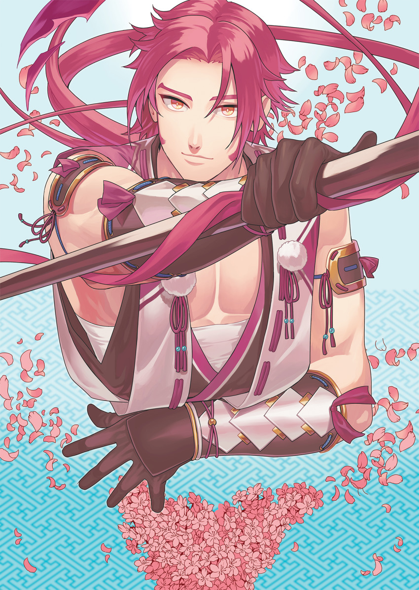 1boy arm_armor armor blue_background cherry_blossoms closed_mouth dolustoy flower haori_himo highres japanese_armor japanese_clothes long_hair looking_at_viewer male_focus midriff_sarashi pectorals pink_flower pink_hair pink_petals ponytail red_hair sarashi sayagata sleeveless solo tonbokiri_(touken_ranbu) touken_ranbu