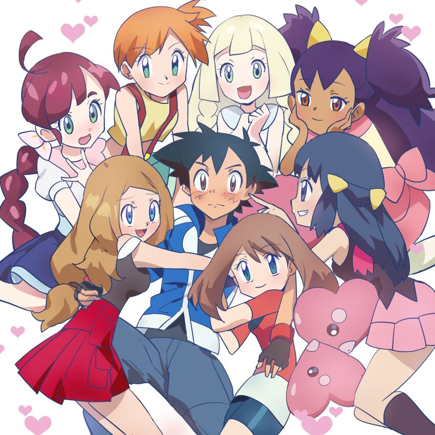 1boy 6+girls ash_ketchum beanie big_hair bike_shorts black_hair blonde_hair blue_eyes blue_hair blush braid braided_ponytail breasts brown_eyes brown_hair chloe_(pokemon) creatures_(company) dark-skinned_female dark_skin dawn_(pokemon) dress eyelashes flower game_freak gen_3_pokemon gloves green_eyes hair_flower hair_ornament hairclip hat heart highres holding iris_(pokemon) lillie_(pokemon) long_hair looking_at_viewer luvdisc may_(pokemon) misty_(pokemon) multiple_girls navel nintendo noah_(nowlifeyell) open_mouth orange_hair pants pokemon pokemon_(anime) pokemon_(classic_anime) pokemon_(creature) pokemon_bw_(anime) pokemon_dppt_(anime) pokemon_journeys pokemon_rse_(anime) pokemon_sm_(anime) pokemon_xy_(anime) purple_hair red_shirt red_skirt scarf serena_(pokemon) shirt short_hair short_sleeves shorts side_ponytail skirt sleeveless sleeveless_shirt smile thighhighs two_side_up very_long_hair white_dress