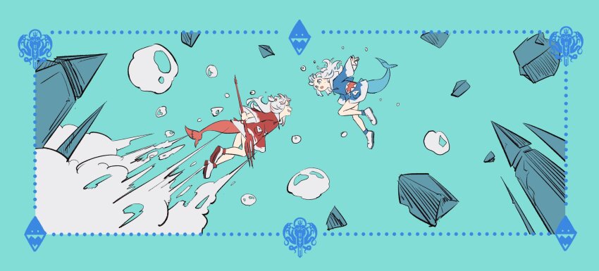 2girls air_bubble alternate_color battle blue_eyes blue_hair blue_hoodie blue_tail bubble fins fish_tail gawr_gura gawr_gura_(1st_costume) highres holding holding_polearm holding_weapon hololive hololive_english hood hoodie hyde_(tabakko) multicolored_hair multiple_girls polearm red_eyes red_hair red_hoodie red_tail reflect_(gawr_gura) shark_girl shark_tail simple_background streaked_hair tail trident two-tone_hair underwater virtual_youtuber weapon