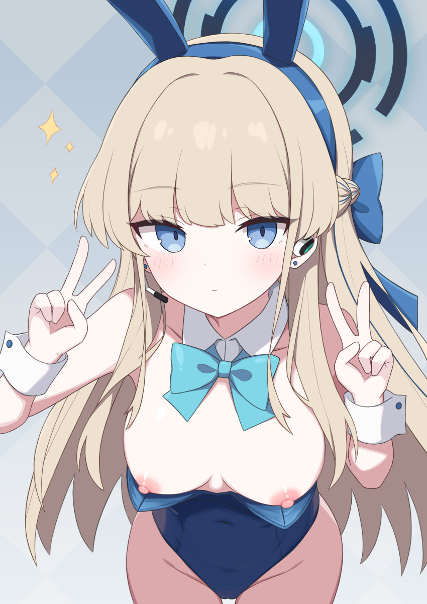1girl absurdres animal_ears aqua_bow aqua_bowtie blonde_hair blue_archive blue_eyes blue_hairband blue_halo blue_leotard blue_ribbon bow bowtie breasts cameltoe closed_mouth collar covered_navel detached_collar double_v earpiece expressionless fake_animal_ears hair_ribbon hairband halo highres leaning_forward leotard leotard_lift long_hair looking_at_viewer medium_breasts nipples official_alternate_costume playboy_bunny rabbit_ears ribbon solo toki_(blue_archive) toki_(bunny)_(blue_archive) v very_long_hair white_collar white_wrist_cuffs wrist_cuffs zddma20