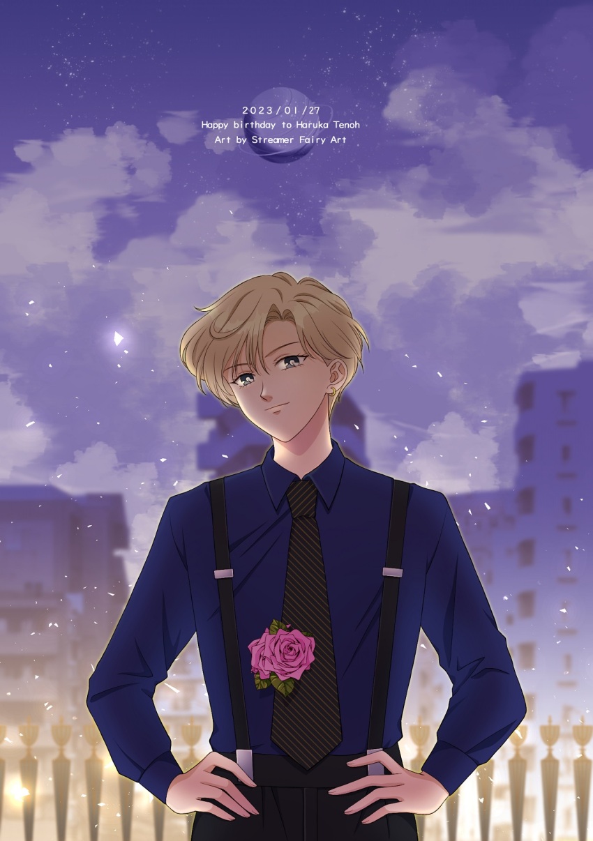 bishoujo_senshi_sailor_moon black_necktie black_pants blonde_hair blue_eyes blue_shirt diagonal-striped_clothes diagonal-striped_necktie english_text hands_on_own_hips happy highres koya necktie pants parted_bangs reverse_trap shirt short_hair star_(sky) striped_clothes suspenders ten&#039;ou_haruka tomboy very_short_hair
