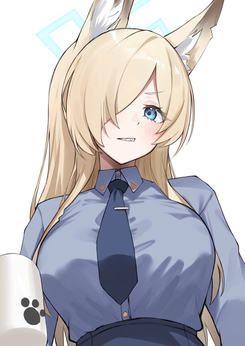 1girl absurdres animal_ear_fluff animal_ears blonde_hair blue_archive blue_eyes blue_halo blue_necktie blue_shirt blue_skirt breasts collared_shirt cup dog_ears dog_girl hair_over_one_eye halo highres holding holding_cup kanna_(blue_archive) large_breasts long_hair looking_at_viewer mug necktie nemun_(tamizzz) parted_bangs paw_print police police_uniform sharp_teeth shirt shirt_tucked_in simple_background skirt solo teeth upper_body white_background