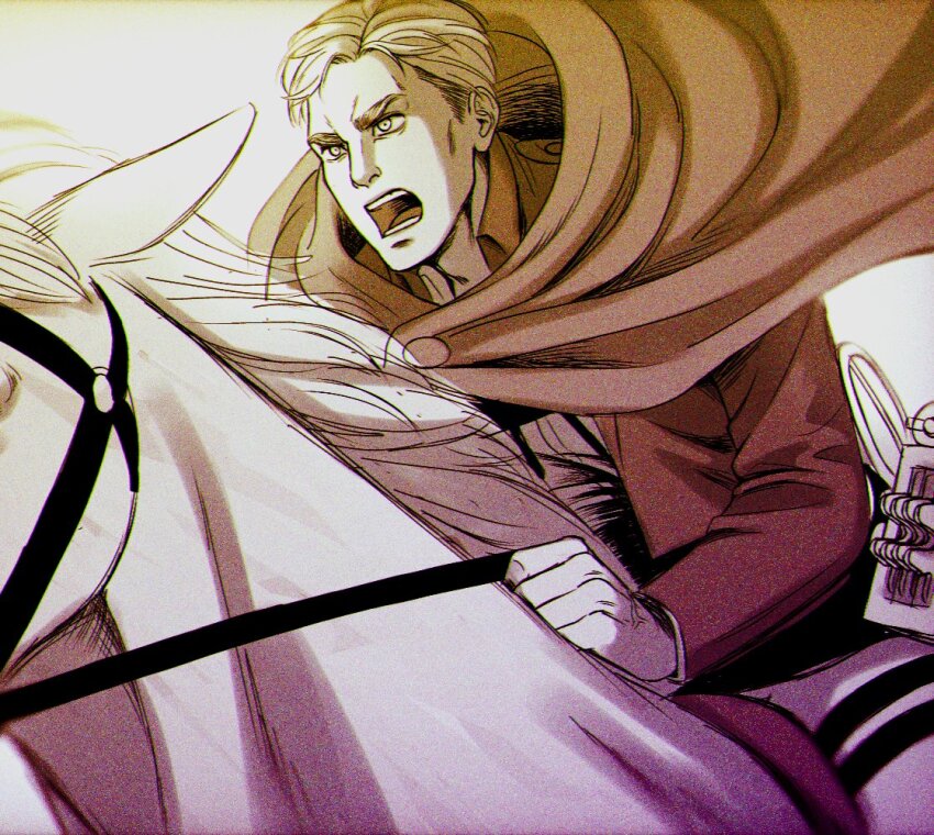 1boy animal belt cape cjaot00 collared_jacket commentary english_commentary erwin_smith floating_cape holding holding_reins horse horseback_riding jacket long_sleeves male_focus military_uniform multiple_belts open_mouth pants paradis_military_uniform reins riding shingeki_no_kyojin short_hair shouting sideburns solo teeth thick_eyebrows thigh_belt thigh_strap three-dimensional_maneuver_gear tongue v-shaped_eyebrows wing_collar
