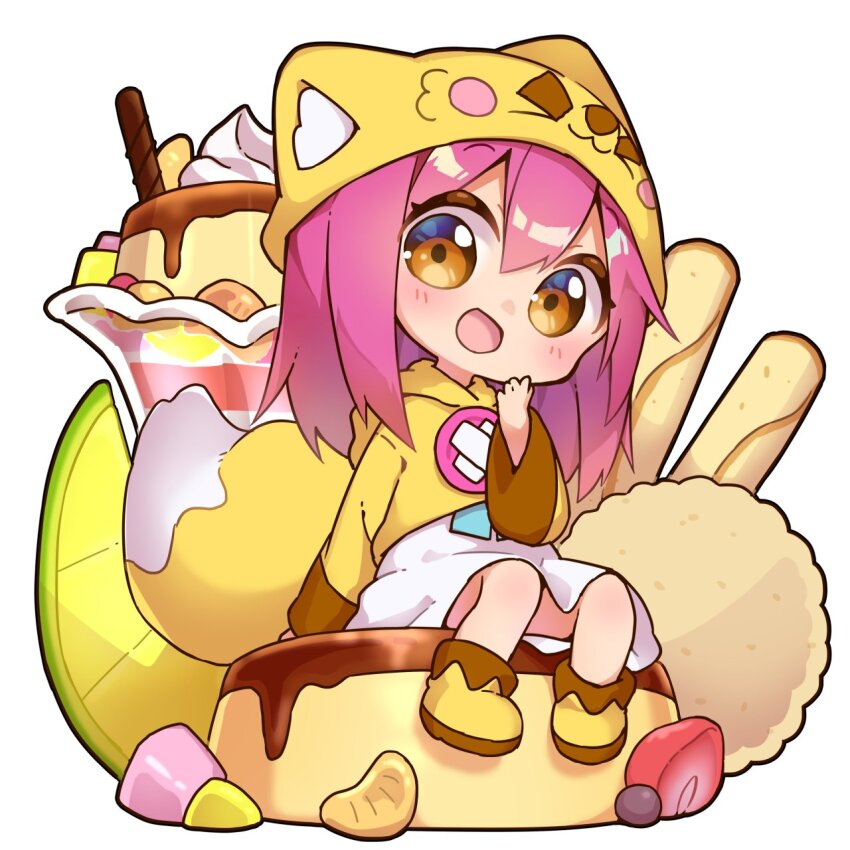 1girl :d animal_ear_fluff ankle_boots arm_support blush boots brown_eyes chibi chibi_only child commentary_request food fox_hat fruit hair_between_eyes hand_on_own_cheek hand_on_own_face hat highres hood hood_down hoodie ice_cream long_sleeves looking_at_viewer medium_hair mini_person minigirl nipeira open_mouth original pink_hair pudding simple_background sitting sitting_on_food skirt smile solo strawberry strawberry_slice sundae tareme wafer_stick white_background white_skirt yellow_boots yellow_hat yellow_hoodie yuzuwa-chan