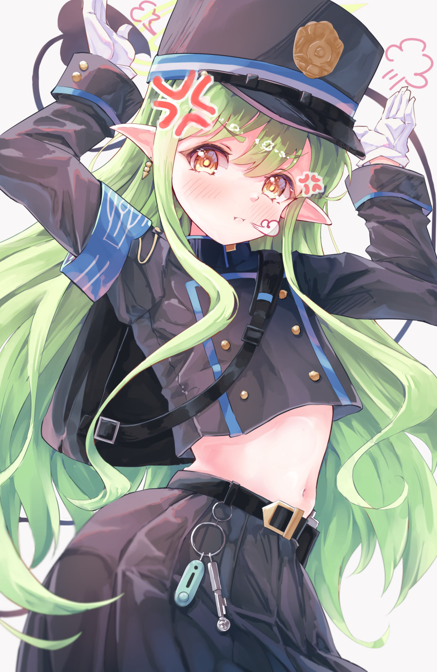 1girl absurdres anger_vein angry annoyed belly black_hat black_jacket black_skirt blue_archive blush check_commentary closed_mouth commentary_request demon_girl demon_tail gloves green_hair hair_between_eyes hat highres hikari_(blue_archive) jacket long_hair navel partial_commentary peaked_cap pointy_ears pout rabbit_pose re_inverse sidelocks skirt tail white_gloves yellow_eyes