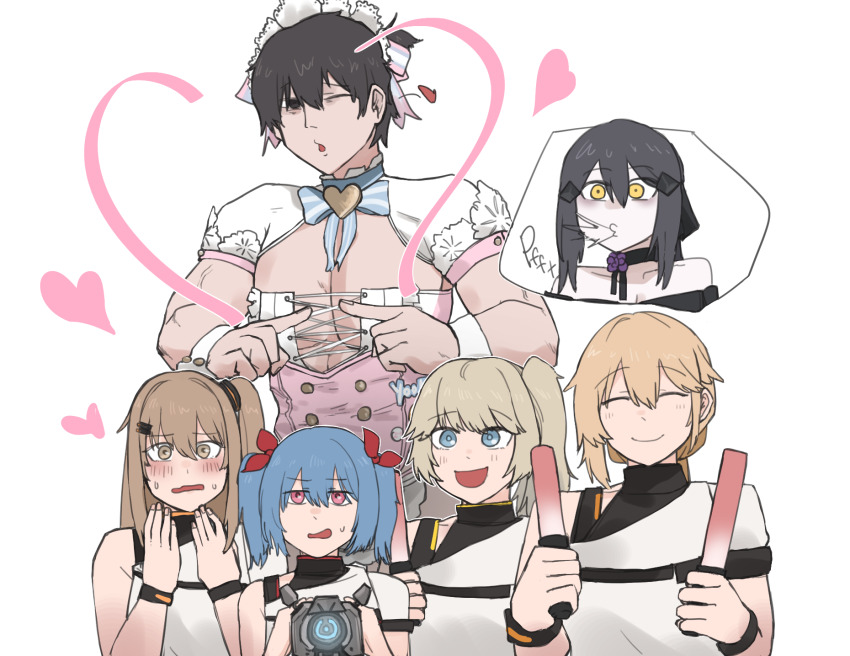 1boy 5girls black_hair blonde_hair blue_eyes blue_hair brown_hair closed_eyes colphne_(girls&#039;_frontline_2) commander_(girls&#039;_frontline) crossdressing dandelion_(girls&#039;_frontline) dark girls&#039;_frontline girls&#039;_frontline_2:_exilium groza_(girls&#039;_frontline_2) heart highres k2_(girls&#039;_frontline) lightstick maid maid_headdress male_maid multiple_girls natawaru ots-14_(girls&#039;_frontline) red_eyes vepley_(girls&#039;_frontline_2) white_background yellow_eyes yoohee_(girls&#039;_frontline_2)