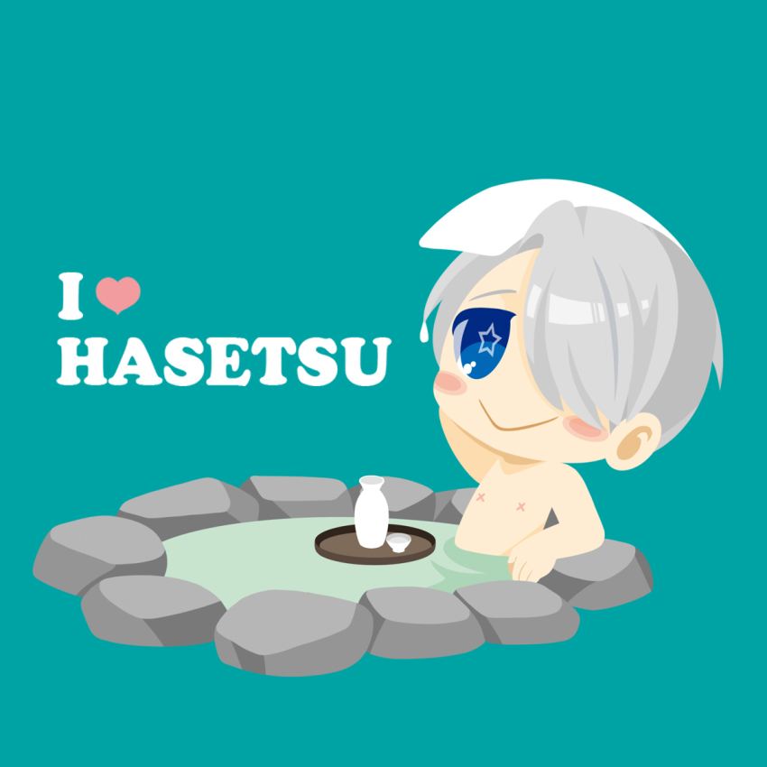 1boy :&gt; aqua_background bathing blue_eyes blush_stickers choko_(cup) cup english_text hair_over_one_eye highres kaorin_minogue male_focus nipples onsen partially_submerged silver_hair star-shaped_pupils star_(symbol) symbol-shaped_pupils tokkuri towel towel_on_head viktor_nikiforov water yuri!!!_on_ice
