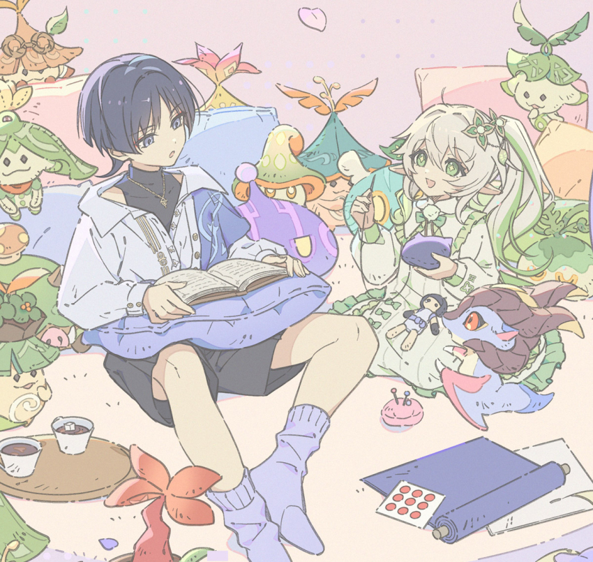 1boy 1girl alternate_costume aranara_(genshin_impact) black_bodysuit black_hair black_shorts blue_shawl blunt_ends bodysuit book bow bowtie casual coffee collared_shirt contemporary cross-shaped_pupils cup doll dragon dress eyelashes eyeliner eyeshadow falling_petals frilled_dress frills fungi_(genshin_impact) genshin_impact gold_necklace gold_pendant green_bow green_bowtie green_dress green_eyes green_hair green_sleeves hair_ornament holding_sewing_needle indoors jewelry leaf leaf_hair_ornament long_hair long_sleeves looking_at_another makeup mini_durin_(dragon)_(genshin_impact) mini_durin_(genshin_impact) multicolored_hair munya_(pic) nahida_(genshin_impact) necklace needle notice_lines official_alternate_costume open_book open_mouth partially_unbuttoned petals pillow pincushion pink_background pink_petals pointy_ears pom_pom_(clothes) puffy_sleeves purple_eyes purple_socks red_eyeliner red_eyeshadow scaramouche_(genshin_impact) scroll sewing sewing_needle shawl shirt shorts shoulder_peek side_ponytail sidelocks sitting small_dragon socks streaked_hair stuffed_toy sugar_cube symbol-shaped_pupils thread too_many_bows tray turtleneck turtleneck_bodysuit wanderer_(genshin_impact) wanderer_(wanderer_impression)_(genshin_impact) white_hair white_shirt white_sleeves wing_collar wispy_bangs yellow_pupils