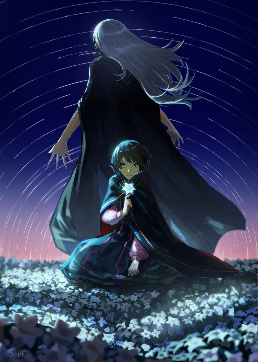 2girls black_cape black_hair cape character_request check_character fine_(vampire_in_the_garden) flower frown green_eyes highres holding holding_flower momo_(vampire_in_the_garden) multiple_girls night night_sky outdoors short_hair sitting sky vampire_in_the_garden waterstaring white_hair