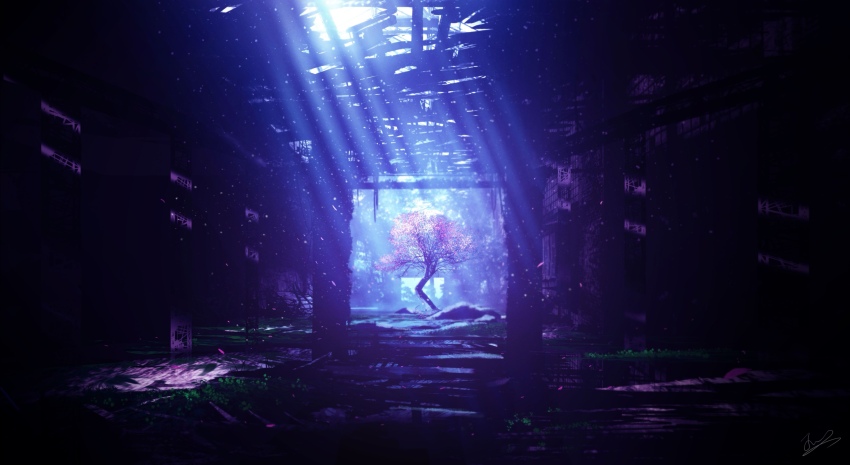 abandoned absurdres building cherry_blossoms dappled_sunlight grass highres huashijw indoors landscape light_rays no_humans original overgrown pillar ruins scenery sunlight tree vanishing_point