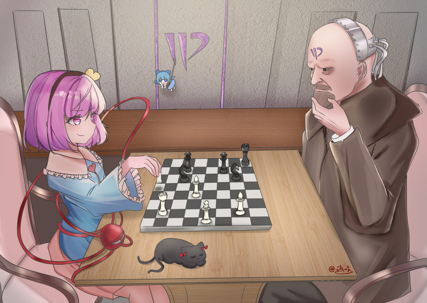1boy 1other 2091966 2girls absurdres bald barefoot beard black_eyes black_pants blue_bow blue_dress blue_eyes blue_hair board_game bob_cut bow brown_coat chair chess chess_piece chibi cirno closed_eyes closed_mouth coat command_&amp;_conquer command_&amp;_conquer:_red_alert command_&amp;_conquer:_red_alert_2 commentary_request dress facial_hair facial_mark forehead_mark frilled_dress frills hair_bow hand_on_own_chin highres holding holding_chess_piece indoors kaenbyou_rin kaenbyou_rin_(cat) komeiji_satori medium_hair multiple_girls mustache on_chair pants pink_eyes pink_hair pink_skirt playing_chess red_ribbon restrained ribbon rope sitting skirt sleeping smile smug stroking_own_chin thinking third_eye touhou wings yuri_(c&amp;c)