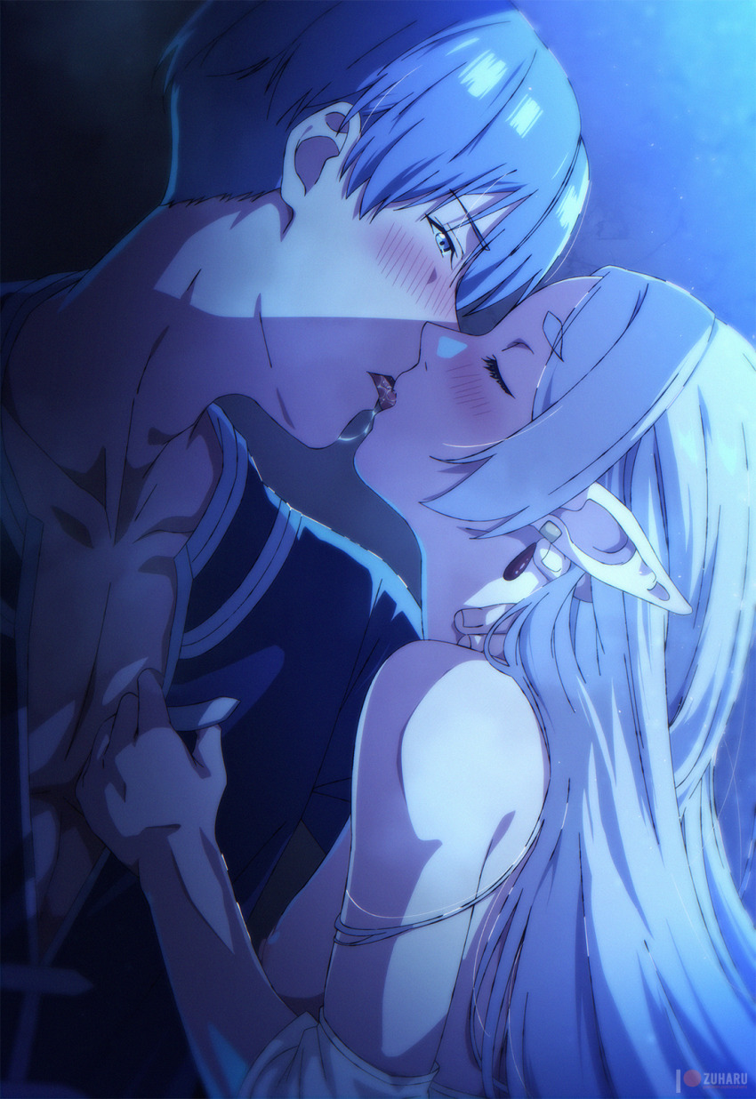 1girl 2boys artist_name blue_eyes blue_hair blue_tunic blush cloak closed_eyes commentary dress earrings elf english_commentary french_kiss frieren half-closed_eyes hetero highres himmel_(sousou_no_frieren) indoors jewelry kiss long_hair long_pointy_ears long_sleeves multiple_boys night nose_blush parted_bangs patreon_logo patreon_username pointy_ears saliva short_eyebrows short_hair sousou_no_frieren teardrop_earrings thick_eyebrows tunic white_cloak white_dress zuharu
