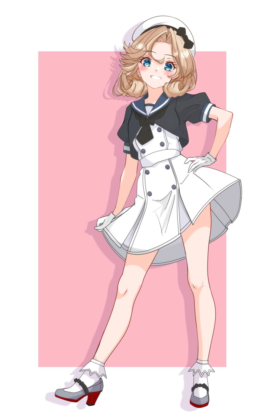 absurdres black_neckerchief blonde_hair blue_eyes blue_sailor_collar border clothes_lift country_connection dress gloves hat highres janus_(kancolle) kantai_collection mary_janes neckerchief nitamako_(sakamalh) parted_bangs pink_background sailor_collar sailor_dress sailor_hat shoes short_hair skirt skirt_lift white_border white_dress white_gloves white_hat