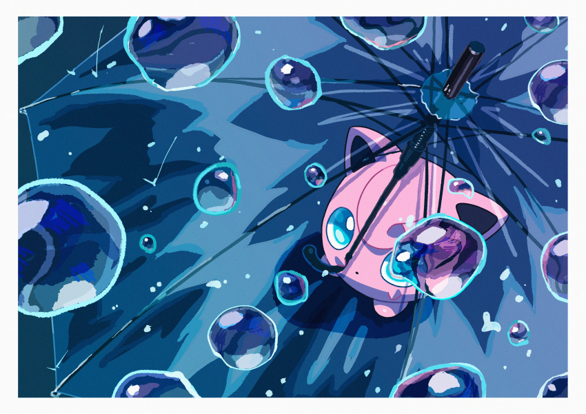 absurdres blue_eyes border commentary_request gen_1_pokemon highres jigglypuff looking_up nintendo no_humans pokemon pokemon_(creature) pokemon_focus saiku_(zvlku) solo transparent transparent_umbrella umbrella water_drop white_border
