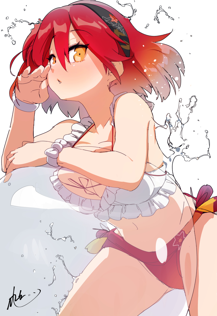 1girl absurdres bikini blush breasts cleavage colored_inner_hair commentary frilled_bikini_top hairband highres kureha_(senran_kagura) large_breasts leaf_print looking_at_viewer maple_leaf_print medium_hair mixed-language_commentary multicolored_hair navel naze official_alternate_costume orange_eyes orange_hair orange_petals print_hairband red_hair senran_kagura simple_background solo swimsuit transparent_beachball wet white_background