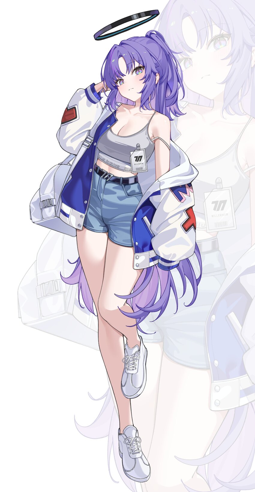 1girl absurdres alternate_costume alternate_hairstyle blue_archive blue_eyes blue_hair blue_shorts breasts camisole cleavage closed_mouth clothes_writing collarbone commentary denim denim_shorts grey_camisole hair_intakes half_updo hand_up highres jacket long_hair long_sleeves looking_at_viewer medium_breasts open_clothes open_jacket puffy_long_sleeves puffy_sleeves short_shorts shorts simple_background single_bare_shoulder single_off_shoulder solo standing standing_on_one_leg strap_slip thighs wh0_r_uo_o white_background white_jacket yuuka_(blue_archive) zoom_layer