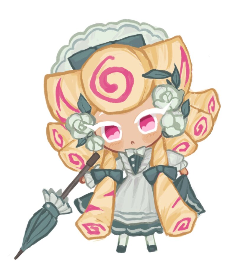 1girl :o alternate_costume apron blonde_hair bow colored_eyelashes cookie_run cookie_run:_kingdom dress flipped_bangs flower full_body green_bow green_dress green_shoes green_umbrella highres holding holding_umbrella kouign-amann_cookie long_hair looking_at_viewer maid maid_headdress mokaink28 multicolored_hair official_style open_mouth pantyhose pink_eyes pink_hair pink_streaks rose shoes simple_background solo standing streaked_hair umbrella very_long_hair white_apron white_background white_flower white_pantyhose white_rose