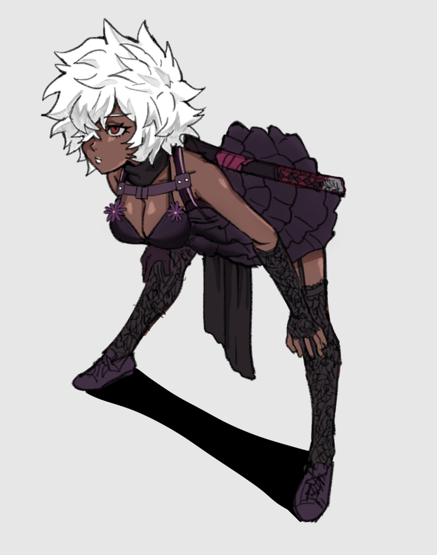 1girl bent_over black_dress black_thighhighs breasts cez cleavage closed_mouth commentary dark-skinned_female dark_skin dress english_commentary eyelashes fingerless_gloves full_body garter_straps gloves hair_over_one_eye hands_on_own_knees highres no_more_heroes red_eyes sheath shinobu_jacobs short_hair sleeveless sleeveless_dress solo thighhighs white_hair white_lips