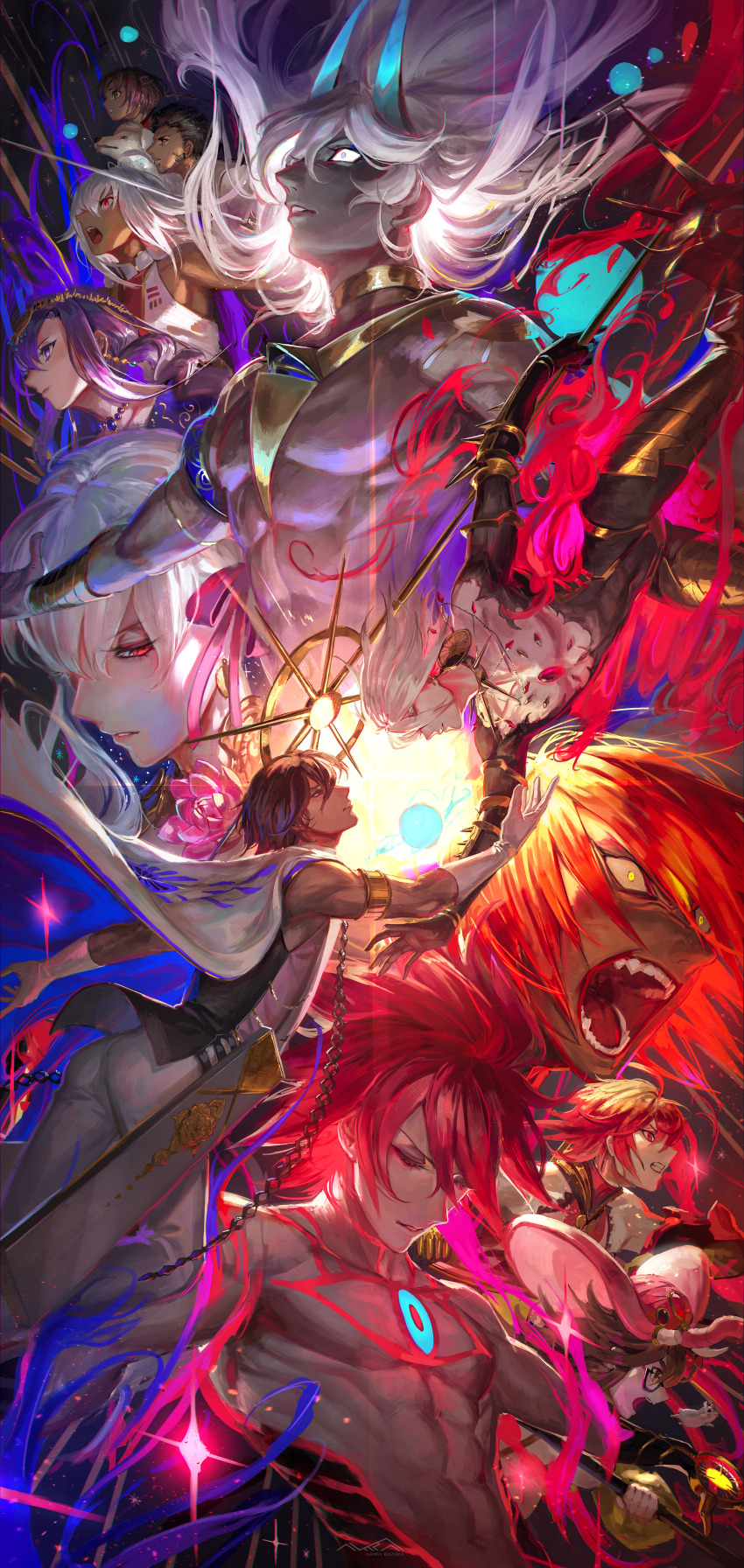 4girls 6+boys absurdres ajay_(fate) angry arjuna_(fate) arjuna_alter_(fate) armor asha_(fate) ashwatthama_(fate) bare_shoulders black-framed_eyewear black_eyes black_hair blue_fire blue_horns bow brown_eyes brown_hair cape chest_jewel chest_tattoo closed_eyes collar colored_skin dark-skinned_female dark-skinned_male dark_skin earrings egawa_akira elephant elephant_hat eyeshadow fate/grand_order fate_(series) fire flower ganesha_(fate) glasses gloves glowing_horns gold_armor hair_between_eyes hair_bow hair_ribbon hamster highres holding horns indian indian_clothes jewelry kama_(fate) kama_(second_ascension)_(fate) karna_(fate) lakshmibai_(fate) long_hair long_sleeves lotus makeup matou_sakura multiple_boys multiple_girls necklace open_mouth orange_hair orb pale_skin parvati_(fate) pink_fire purple_eyes purple_hair rama_(fate) red_eyes red_eyeshadow red_fire red_hair ribbon saber_(weapon) short_hair shouting sleeveless spiked_collar spikes super_karna_(fate) sword tattoo topless_male vihan_(fate) weapon white_cape white_gloves white_hair white_skin yellow_eyes