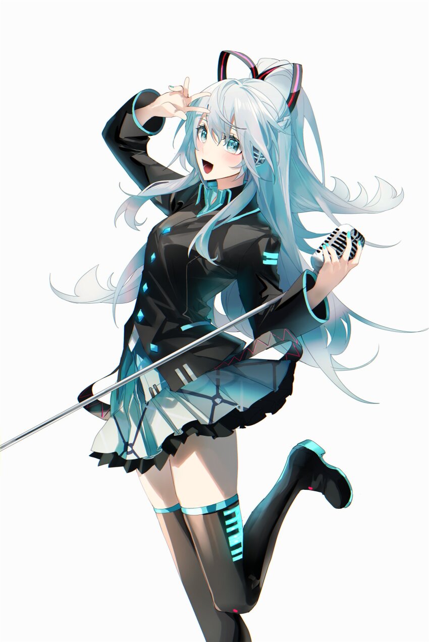 1girl aqua_nails belt black_belt black_boots black_jacket blue_eyes blue_hair blue_skirt boots breasts buttons collared_jacket collared_shirt eyelashes fingernails floating_hair foot_up hair_between_eyes hand_up hatsune_miku hatsune_miku_(if) headphones high_ponytail highres holding holding_microphone jacket knees_together_feet_apart light_blue_hair long_hair loose_belt medium_breasts microphone nura_orimoto open_mouth plaid_clothes plaid_skirt pleated_skirt ponytail shirt sidelighting sidelocks simple_background skirt smile solo standing standing_on_one_leg thigh_boots thighhighs vocaloid white_background zettai_ryouiki