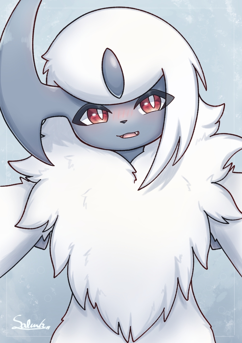 absol animal_focus blush fang gen_3_pokemon highres looking_at_viewer nintendo no_humans open_mouth pokemon pokemon_(creature) red_eyes signature smile solo soruva_359 white_hair