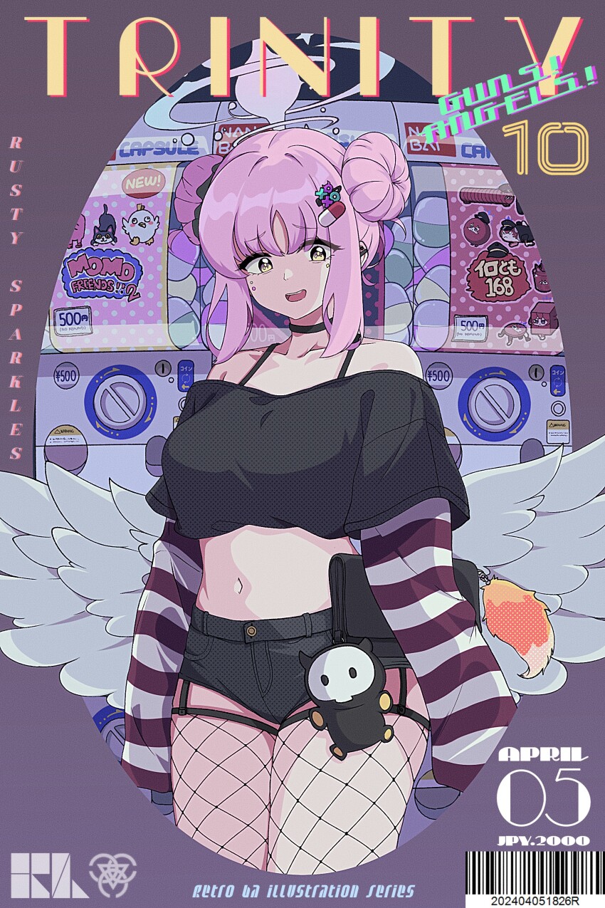 1girl absurdres angel_wings barcode blue_archive cover crop_top double_bun feathered_wings fishnet_thighhighs fishnets goth_fashion hair_bun hair_ornament highres hrna long_sleeves magazine_cover mika_(blue_archive) navel off_shoulder pink_hair short_shorts shorts solo thighhighs wings yellow_eyes