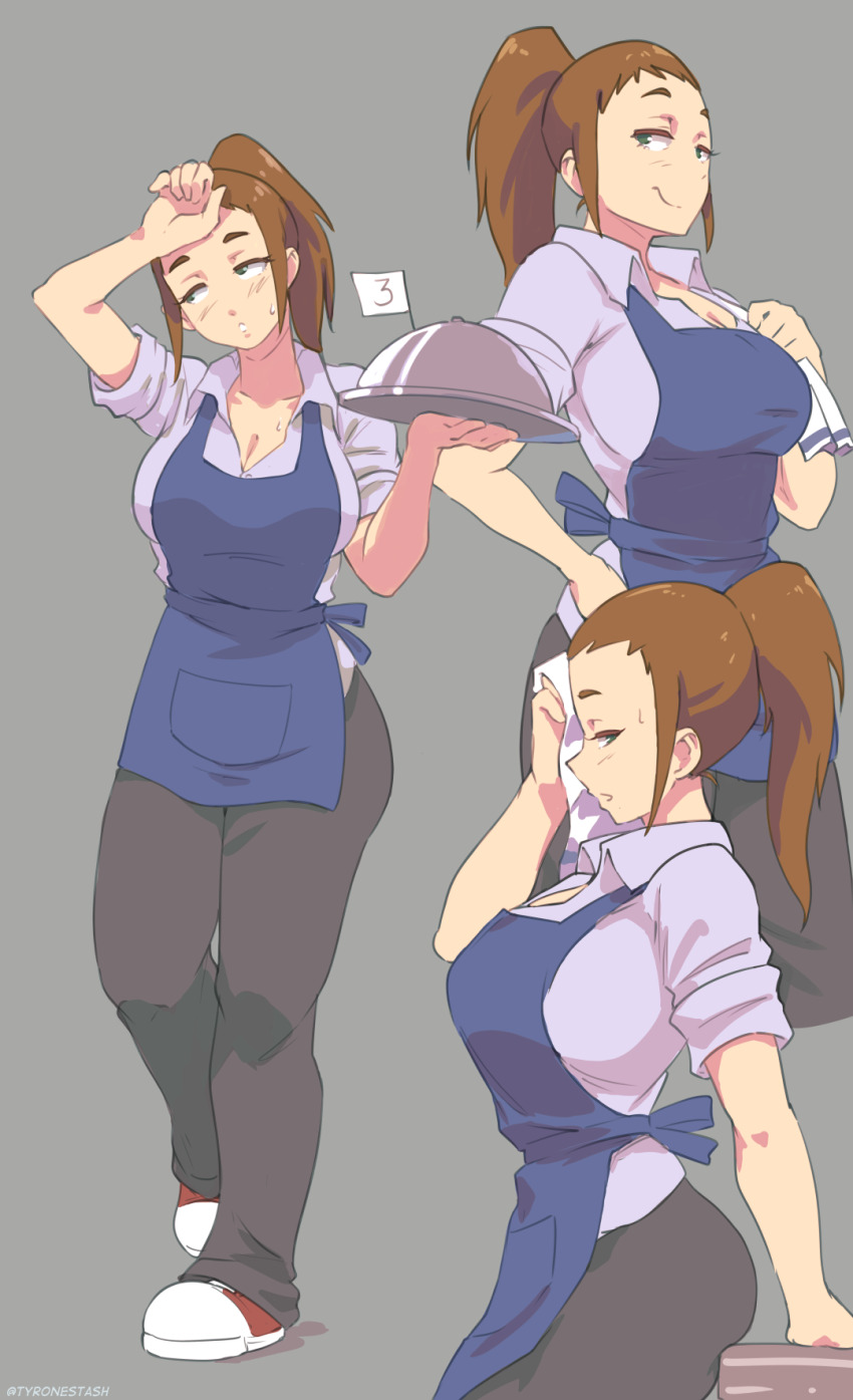 1girl apron black_pants blue_apron breasts brown_hair cleavage collarbone collared_shirt commentary cowboy_shot diner_dash english_commentary flo_(diner_dash) green_eyes grey_background hand_on_own_forehead highres holding holding_napkin holding_tray large_breasts light_blush looking_to_the_side multiple_views pants parted_lips ponytail purple_shirt shirt shoes short_sleeves smile sneakers sweat tray tyrone waitress