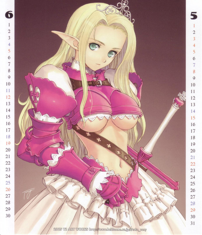 00s 1girl 2005 armor armored_dress blonde_hair breasts calendar crown dress duplicate elf female_focus gloves green_eyes hat highres june large_breasts long_hair looking_at_viewer midriff navel pink_armor pink_gloves pointy_ears puffy_sleeves solo sword tiara tony_taka underboob watermark weapon web_address