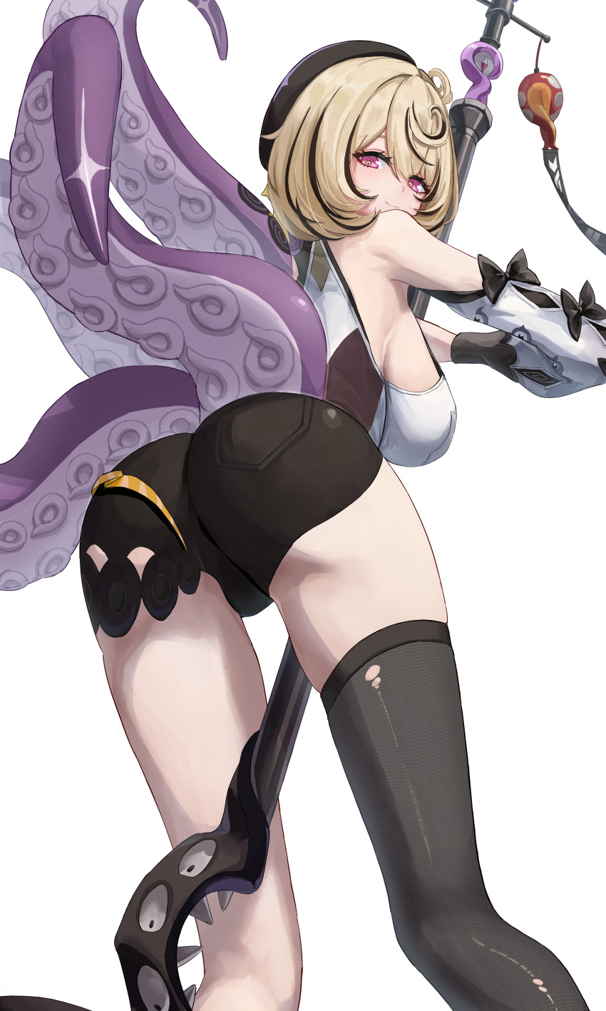 1girl absurdres ass asymmetrical_shorts bare_shoulders beret black_bow black_hat black_shorts black_thighhighs blonde_hair bow breasts charm_(object) closed_mouth commentary_request cowboy_shot cowlick detached_sleeves from_behind hair_between_eyes hat high-waist_shorts highres holding holding_weapon huge_filesize large_breasts looking_at_viewer looking_back mole mole_under_mouth monster_girl purple_eyes scylla shirt short_hair shorts simple_background single_thighhigh smile solo suction_cups takahashi_hizumi tentacle_girl tentacle_tail tentacles thighhighs torn_clothes torn_thighhighs weapon white_background white_shirt white_sleeves yidhari_murphy zenless_zone_zero