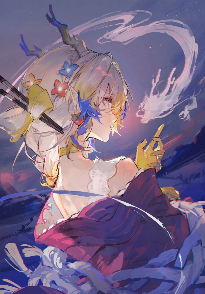 1girl absurdres arknights blonde_streaks blue_eyes blue_streaks bow-shaped_hair braid choker clothing_request colored_extremities dragon eastern_dragon eastern_dragon_horns eyeshadow facing_away flower_choker from_behind hair_ornament hair_stick highres looking_at_another makeup multicolored_hair nonhaaa pointy_ears red_eyeshadow shu_(arknights) shu_(spring_feast)_(arknights) side_braid sky solo star_(sky) starry_sky upper_body white_hair yellow_choker