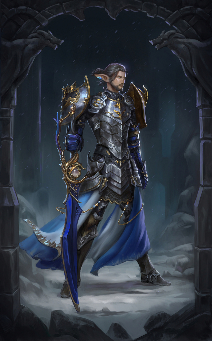1boy absurdres armor beard breastplate elf facial_hair full_body green_eyes grey_hair greyevilowl highres holding holding_sword holding_weapon looking_to_the_side original paladin pauldrons pointy_ears shoulder_armor solo standing sword weapon