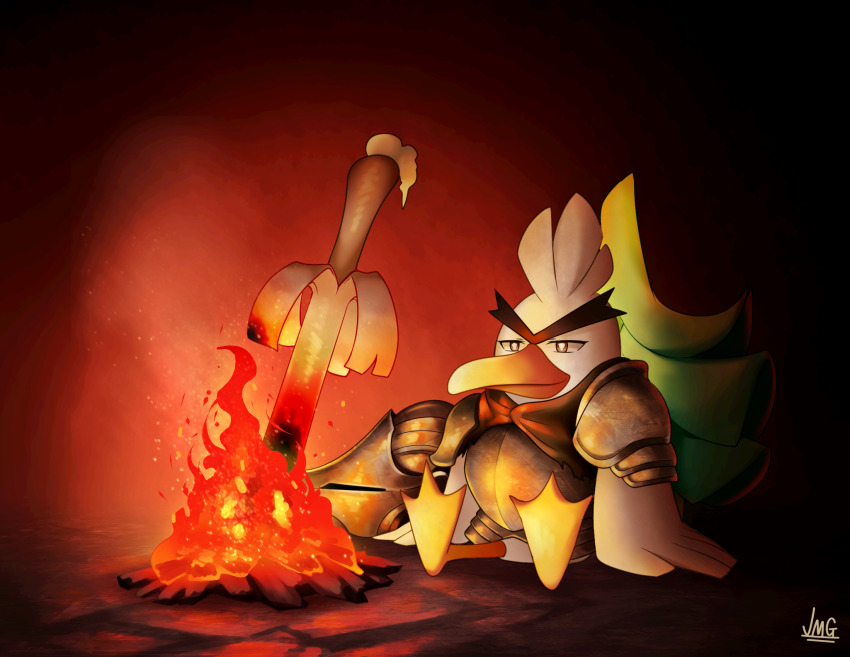 1other armor beak commentary dark_souls_(series) dark_souls_i english_commentary fire full_armor gen_8_pokemon helmet highres jmg mohawk nintendo no_humans parody planted plate_armor pokemon pokemon_(creature) pokemon_swsh shield sirfetch&#039;d sitting solo spring_onion thick_eyebrows unibrow unworn_headwear unworn_helmet weapon webbed_feet