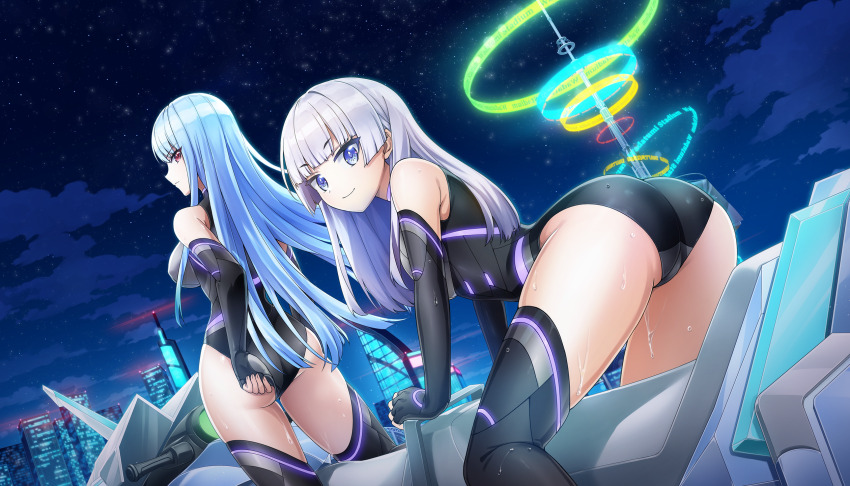 2girls ass bare_shoulders black_gloves black_leotard black_thighhighs blue_hair blunt_bangs bodysuit breasts covered_navel dolphin_wave elbow_gloves fingerless_gloves from_behind game_cg gloves grey_hair highleg highleg_leotard highleg_one-piece_swimsuit highres jet_ski kazami_uniform large_breasts leotard looking_at_viewer looking_back multiple_girls nayuki_hiori night night_sky non-web_source official_art one-piece_swimsuit ootomo_takuji purple_eyes red_eyes schnee_weissberg sky smile swimsuit thighhighs watercraft