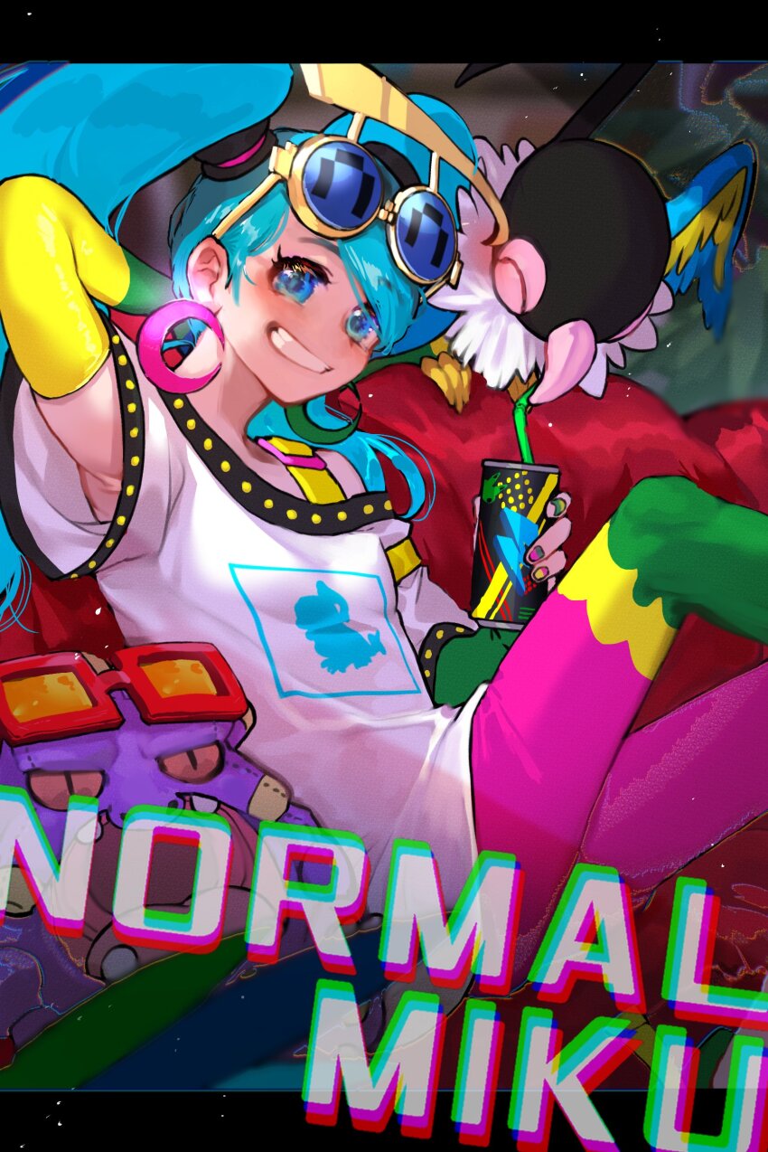 1girl absurdres arm_behind_head arm_up bird blue-tinted_eyewear blue_eyes blue_hair can chatot chromatic_aberration closed_eyes commentary_request couch creatures_(company) crescent crescent_earrings drink_can drinking drinking_straw earrings exploud eyewear_on_head feet_out_of_frame game_freak gen_3_pokemon gen_4_pokemon grin hatsune_miku highres jewelry knees_up long_hair looking_at_viewer multicolored_nails multicolored_pants nail_polish nintendo normal_miku_(project_voltage) on_couch open_mouth pants pokemon pokemon_(creature) project_voltage red-framed_eyewear revision shiratori_yokikana shirt sitting smile soda_can sunglasses tinted_eyewear twintails vocaloid white_shirt yellow-framed_eyewear yellow-tinted_eyewear