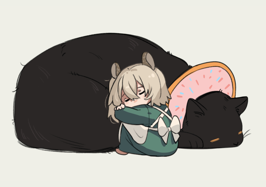 1girl animal_ears apron baby_bean_(nimi_nightmare) black_cat blonde_hair bow brown_shoes cat closed_eyes curled_up dress fongban_illust full_body green_background green_dress hair_between_eyes hugging_own_legs indie_virtual_youtuber knees_to_chest long_sleeves medium_hair mini_person minigirl nimi_nightmare one_side_up pet_cone shoes simple_background sleeping tapir_ears tapir_girl virtual_youtuber white_apron white_bow