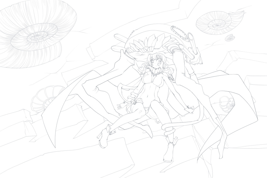 10s 1girl abyssal_ship ammonite bodysuit breasts cape female_focus gloves greyscale highres kantai_collection large_breasts lineart long_hair monochrome personification sakuya_tsuitachi solo wo-class_aircraft_carrier
