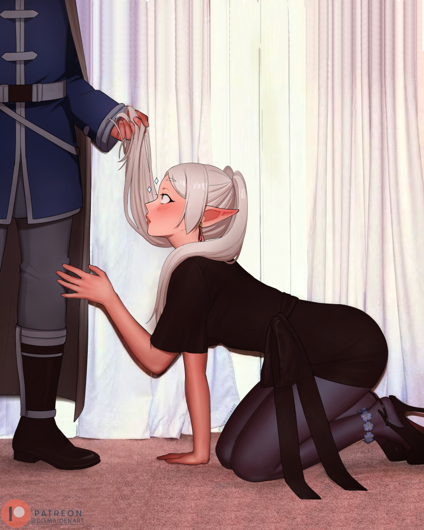 1boy 1girl absurdres album_cover_redraw black_boots black_dress black_pantyhose blue_jacket blush boots commentary derivative_work dismaiden dress earrings elf english_commentary frieren grabbing_another&#039;s_hair grey_hair grey_pants high_heels highres himmel_(sousou_no_frieren) jacket jewelry long_hair man&#039;s_best_friend_(sabrina_carpenter) pants pantyhose pointy_ears sousou_no_frieren standing twintails