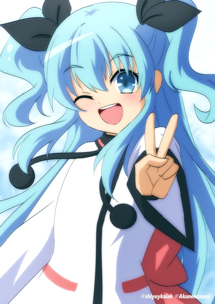 1girl artist_name blue_eyes blue_hair dot_nose dress feet_out_of_frame highres long_hair long_sleeves looking_at_viewer noel_(sora_no_method) one_eye_closed open_mouth shiyuykaiak simple_background solo sora_no_method standing teeth twitter_username v wink