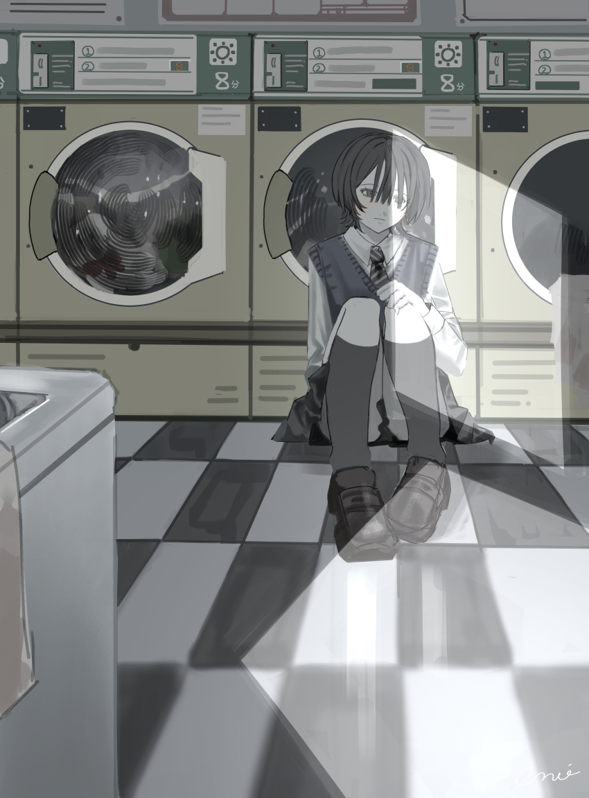1girl absurdres black_eyes black_hair black_shoes black_socks checkered_floor collared_shirt commentary full_body grey_sweater_vest hand_on_own_knee highres indoors kneehighs knees_up laundromat loafers looking_to_the_side muted_color original qian_(ochaatui33) shirt shoes short_hair sitting socks solo sweater_vest washing_machine white_shirt