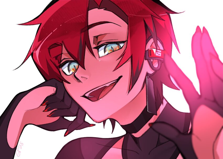 1boy bishounen black_gloves black_hair choker earpiece english_text gigglepox gloves hair_between_eyes holostars holostars_english looking_at_viewer machina_x_flayon machina_x_flayon_(1st_costume) male_focus open_mouth orange_eyes portrait red_hair short_hair side_part simple_background slit_pupils smile solo virtual_youtuber white_background