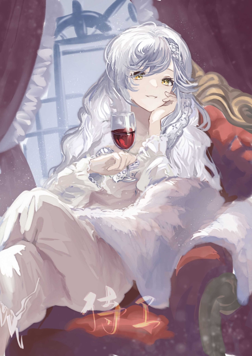 1girl absurdres alcohol armchair artist_name chair coat cowboy_shot crossed_legs cup curtains drinking_glass elbow_rest eternity_(reverse:1999) feather_boa grin hand_on_own_cheek hand_on_own_face hand_up hands_up highres holding holding_cup indoors long_hair looking_at_viewer on_chair red_wine reverse:1999 shiwei_(wuchanshiwei) signature sitting smile solo white_coat white_hair white_negligee window wine wine_glass yellow_eyes