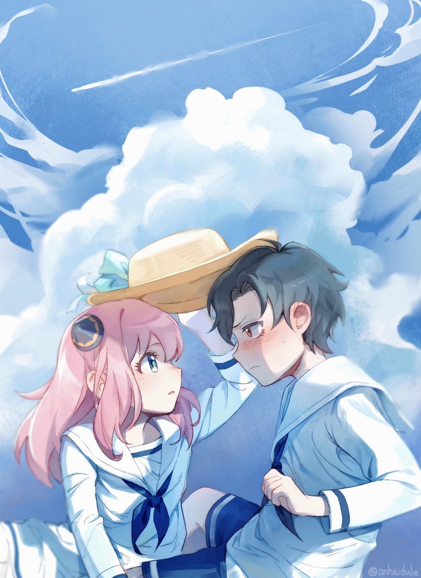 1boy 1girl alternate_costume anya_(spy_x_family) arm_up black_hair blue_ribbon blue_shorts blue_sky blush cloud cloudy_sky commentary damian_desmond dress dule_(anhaidule) frown green_eyes hat hat_ribbon highres horn_ornament horns long_sleeves looking_at_another medium_hair pink_hair ribbon sailor_collar sailor_dress shorts sky spy_x_family straw_hat sweatdrop twitter_username yellow_eyes