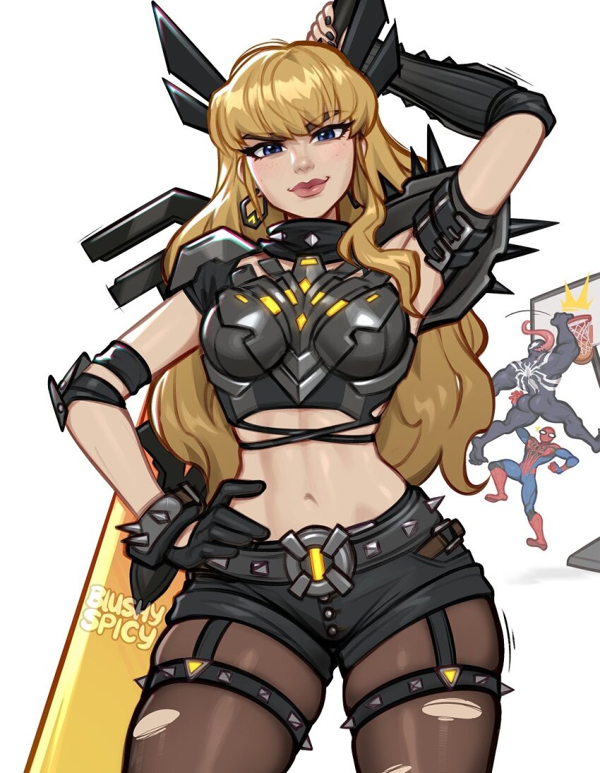 1girl 2boys animal_print arm_up armor artist_name ass ball basketball basketball_(object) belt black_armor black_belt black_gloves black_nails black_shorts blonde_hair blue_bodysuit blue_eyes blushyspicy bodysuit breasts brown_pantyhose cleavage cleavage_cutout clenched_hand closed_mouth clothing_cutout cowboy_shot crop_top earrings fingernails gauntlets gloves hand_on_own_hip highres holding holding_sword holding_weapon huge_weapon jewelry jumping lips long_hair long_tongue looking_at_viewer magik_(x-men) marvel marvel_rivals medium_breasts meme midriff multiple_boys muscular muscular_male navel open_mouth pantyhose red_bodysuit sharp_teeth short_shorts shorts simple_background single_earring smile spider-man spider-man_(series) spider_print spider_web_print standing superhero_costume sword symbiote teeth thighhighs tongue tongue_out torn_clothes torn_pantyhose two-tone_bodysuit venom_(marvel) venom_dunking_on_spider-man_(meme) watermark wavy_hair weapon white_background x-men