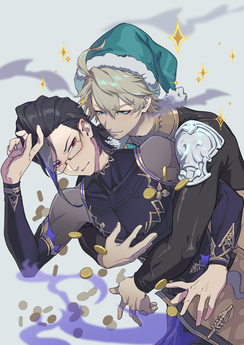 2boys absurdres ahoge aladdin_(sinoalice) black_hair blonde_hair blue_eyes blush bodysuit bodysuit_under_clothes caolao_bingren choker coin commission couple elbow_gloves fringe_trim glasses gloves gold hameln_(sinoalice) hat highres hug hug_from_behind jewelry looking_at_another male_focus multiple_boys parted_lips pixiv_commission red_eyes santa_costume santa_hat short_hair sinoalice smile sparkle yaoi