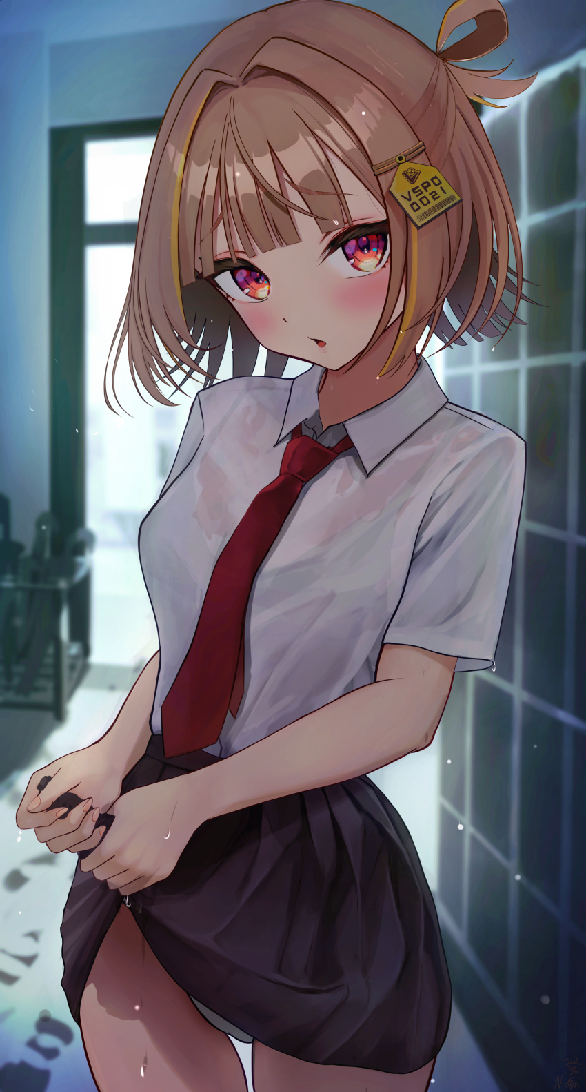 1girl absurdres black_skirt bra_visible_through_clothes brown_hair hair_ornament hair_rings highres looking_at_viewer multicolored_hair naikon necktie panties rain red_eyes red_necktie school_uniform see-through_clothes sendo_yuuhi shirt short_hair skirt solo thighs underwear virtual_youtuber vspo! wet wet_clothes wet_shirt white_panties white_shirt