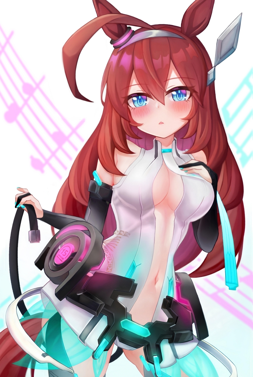 absurdres ahoge animal_ears blue_eyes blush breasts brown_hair center_opening commentary cosplay hatsune_miku hatsune_miku_(append) hatsune_miku_(append)_(cosplay) highres horse_ears horse_girl horse_tail large_breasts leotard long_hair metal_hairband mihono_bourbon_(umamusume) navel necktie raku29_shi tail umamusume vocaloid_append white_leotard